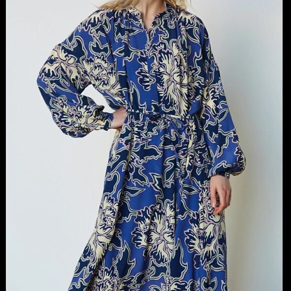 CLOSED Emily floral maxi kobalt long sleeve silk blend dress size L - Picture 1 of 11